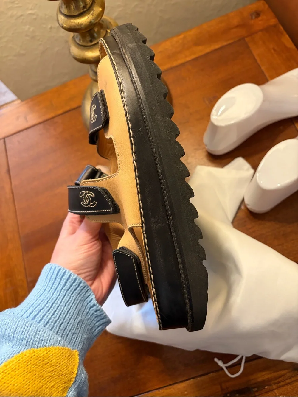 CHANEL Black and Tan Leather “Dad” Velcro Strap Sandals woman’s 10.5